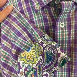 Alan Flusser Plaid Contrasting Floral Collar & Flip Cuff Accented Dress Shirt